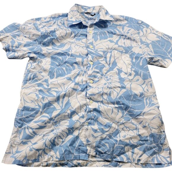 Nautica Shirt Mens Large Blue Floral All Over Print Button Up Beach Cotton - Picture 1 of 7